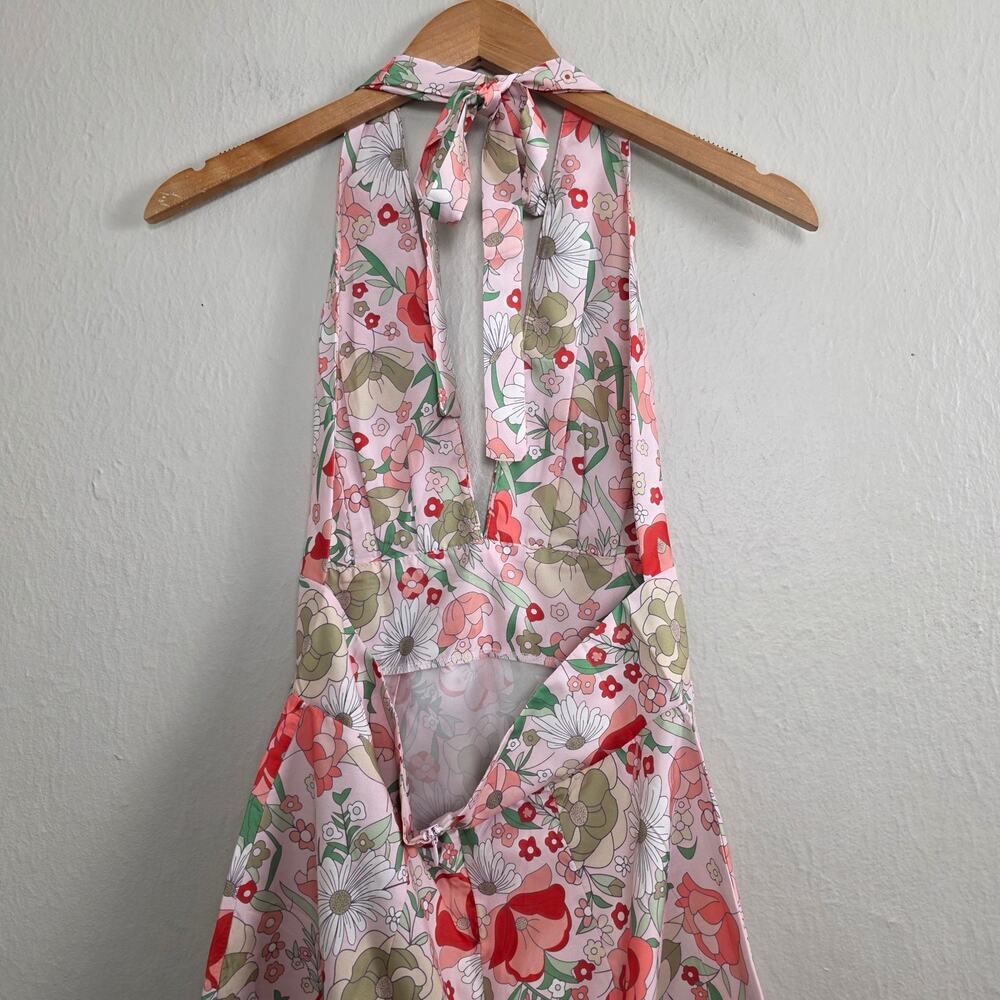Clad & Cloth The Daisy Pink Floral Halter Open Back Retro Mini Dress Large NEW - Picture 9 of 13